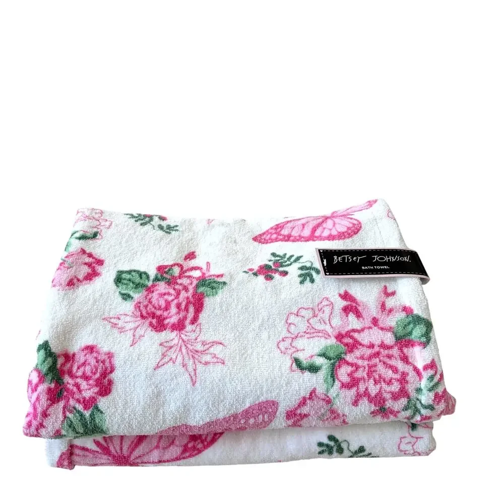 Betsey Johnson Pink Floral Butterfly Bath Towels 2pc Set 100% Cotton Plush NEW